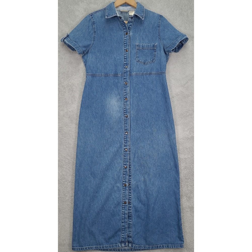 Bobbie Brooks Indigo Blue Denim Snap Front Short Sleeve Maxi Dress Womens Small